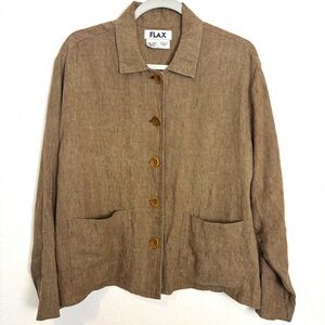 Flax Linen Olive Green Brown Shirt Jacket Women’s Small Lagenlook Relaxed